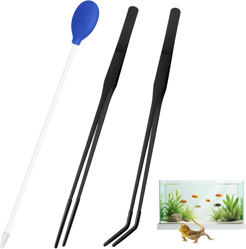 feehope 3 Pcs Multi-Functional Axolotl Tank Accessories, Pro-Grade Straight and Curved Long Tweezers with Extended Reach and Ergo-Grip, Plus a Precision Coral Feeder in One Care Bundle - Image 1